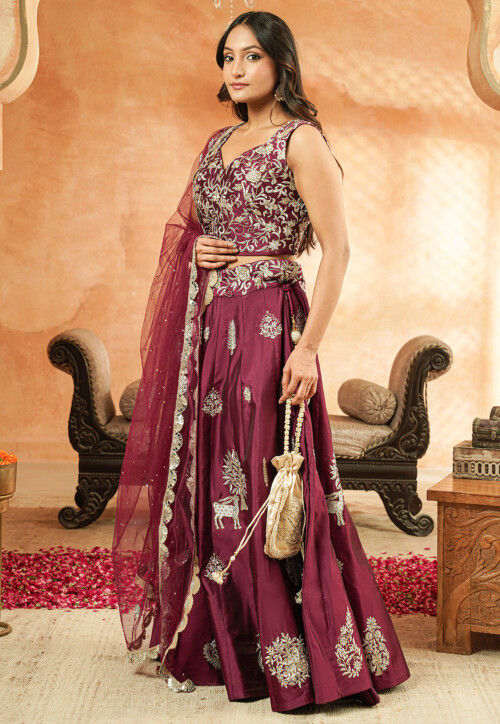 Embroidered Taffeta Silk Lehenga in Wine
