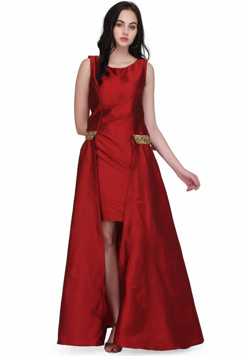 Buy Embroidered Taffeta Silk Maxi Dress in Maroon Online TCU71 Utsav Fashion