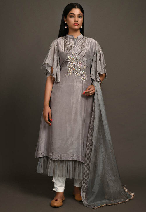 Buy Silver Color Taffeta Silk Fabric Long Churidar Suit Online - SALA2692