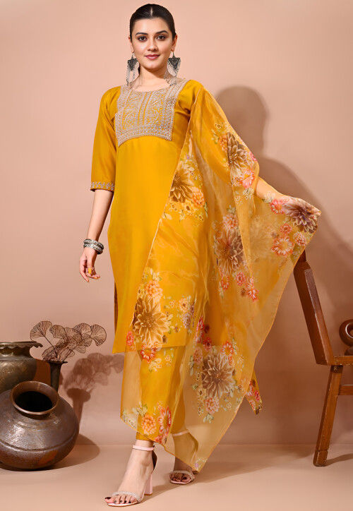 Embroidered Taffeta Silk Pakistani Suit in Mustard