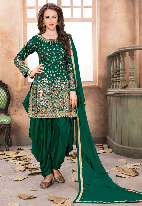 Embroidered Taffeta Silk Punjabi Suit In Dark Green