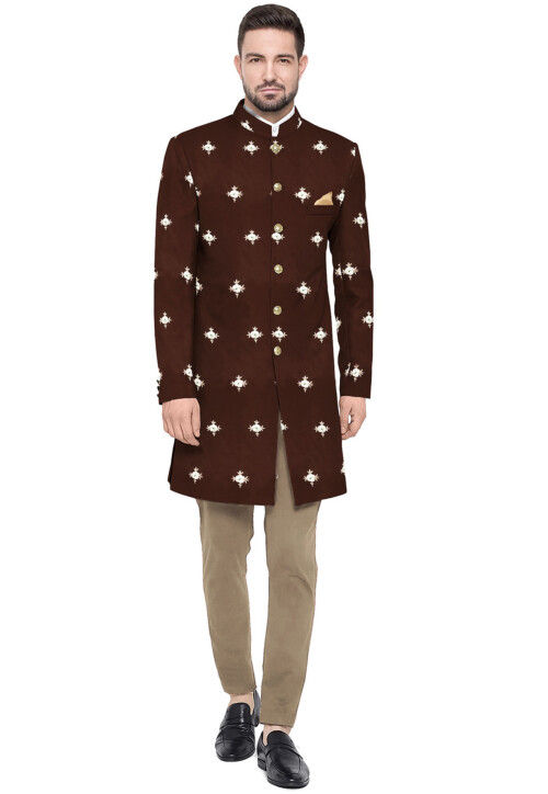 Embroidered Taffeta Silk Sherwani in Brown