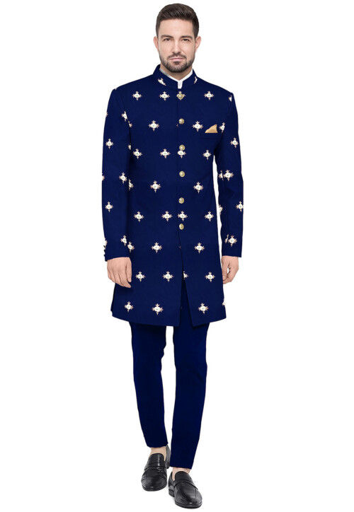 Embroidered Taffeta Silk Sherwani in Navy Blue