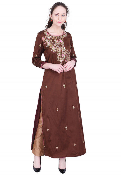 Embroidered Taffeta Silk Straight Kurta in Dark Brown