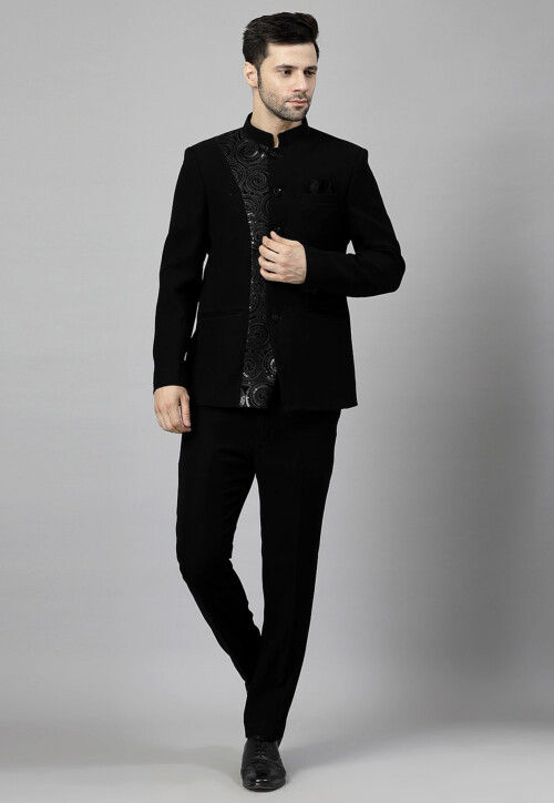 Buy Embroidered Terry Rayon Jodhpuri Jacket Set in Black Online