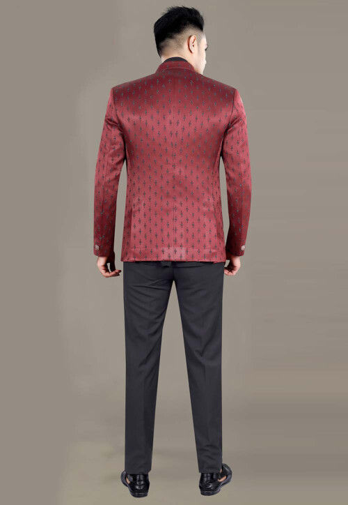 Embroidered Terry Rayon Jodhpuri Jacket in Maroon