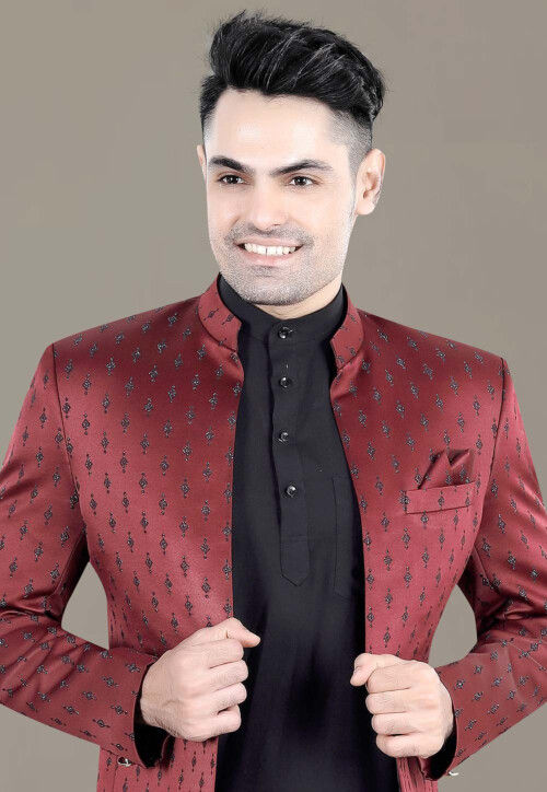 Embroidered Terry Rayon Jodhpuri Jacket in Maroon