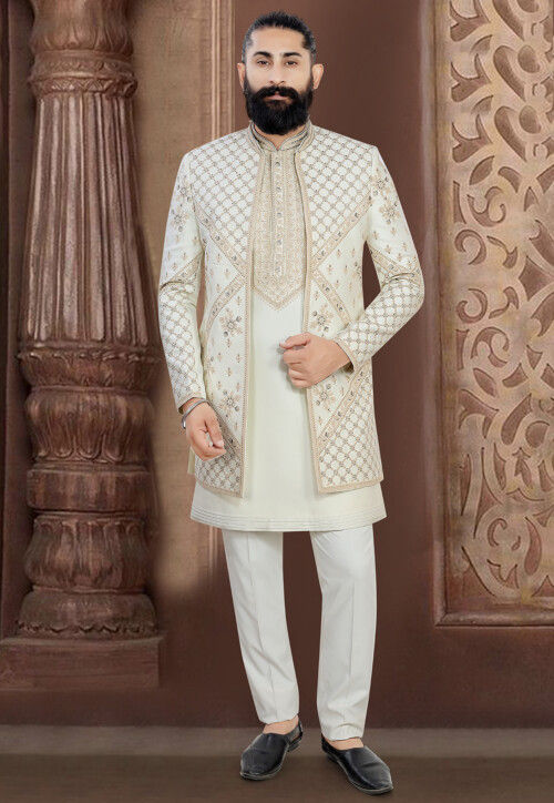 Embroidered Terry Rayon Kurta Set in Cream