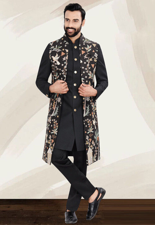 Embroidered Terry Rayon Sherwani in Black