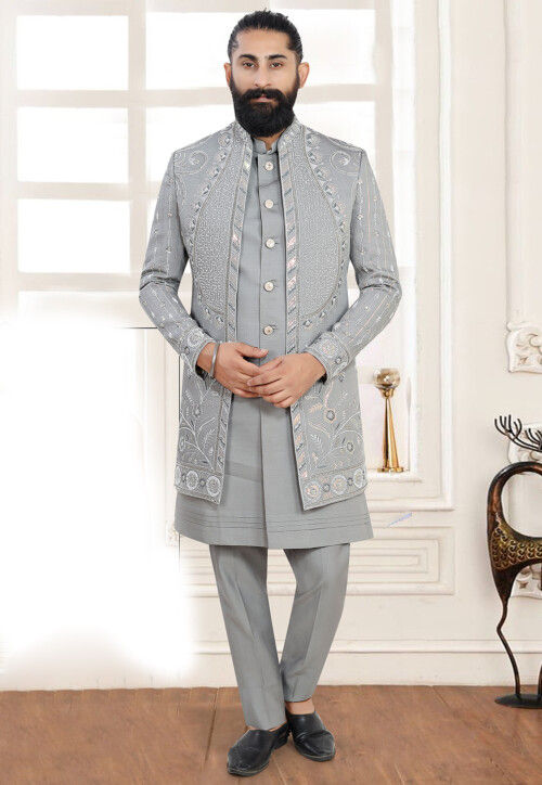 Embroidered Terry Rayon Sherwani in Grey