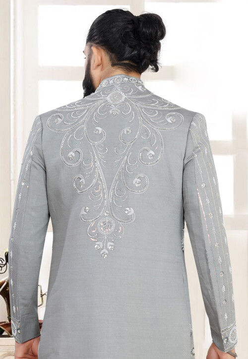 Embroidered Terry Rayon Sherwani in Grey