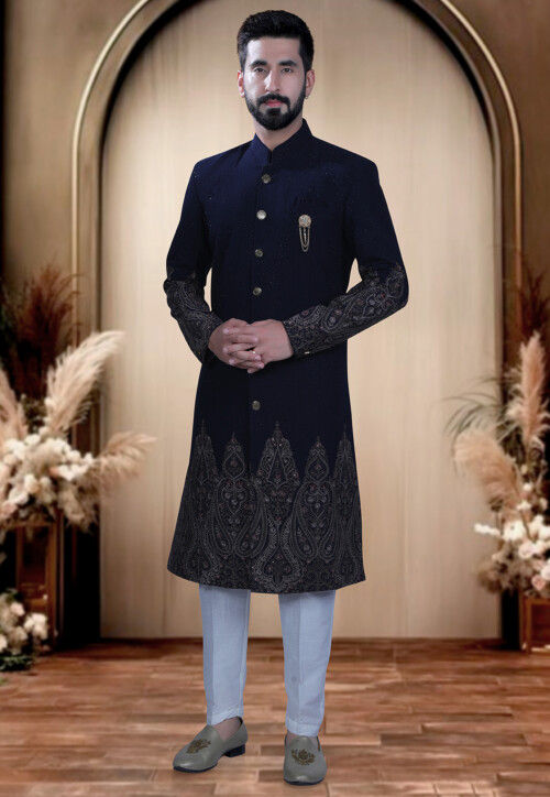 Embroidered Terry Rayon Sherwani in Navy Blue