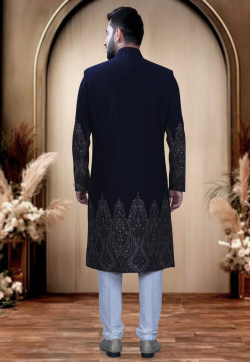 Embroidered Terry Rayon Sherwani in Navy Blue