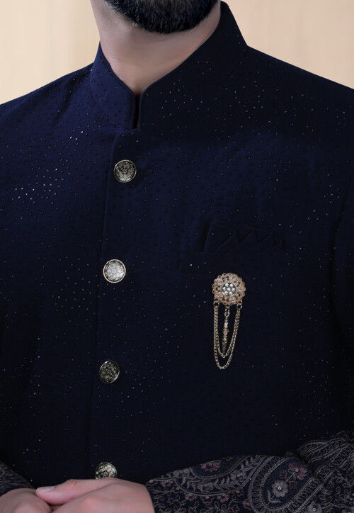 Embroidered Terry Rayon Sherwani in Navy Blue