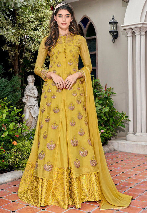 Embroidered Tissue Jacket Style Abaya Suit in Mustard : KCH4766