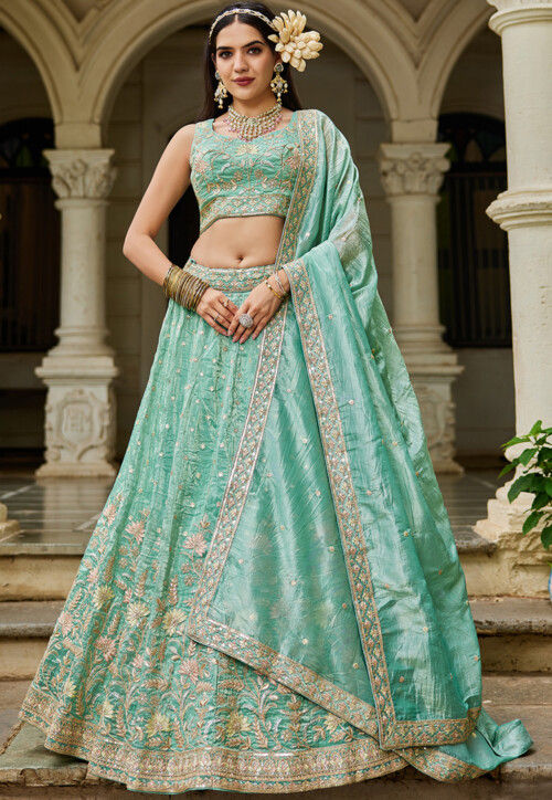 Embroidered Tissue Lehenga in Light Green