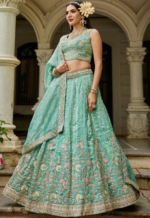 Embroidered Tissue Lehenga in Light Green