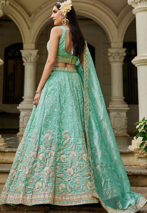 Embroidered Tissue Lehenga in Light Green
