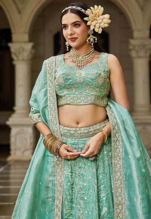 Embroidered Tissue Lehenga in Light Green