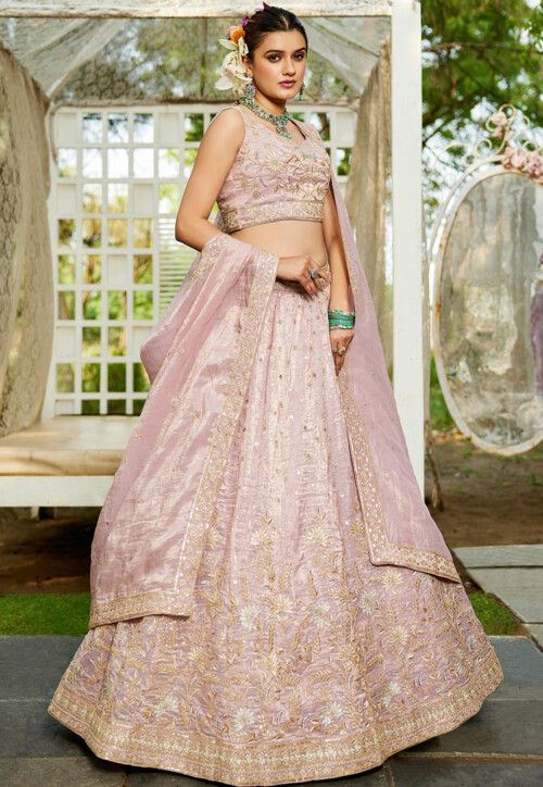 Embroidered Tissue Lehenga in Light Pink