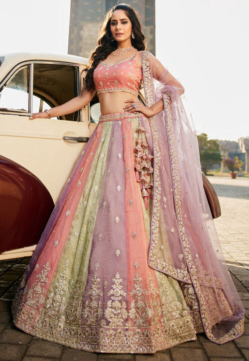 Embroidered Tissue Lehenga in Multicolor