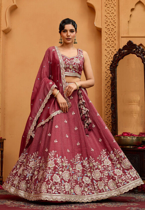 Embroidered Tissue Lehenga in Old Rose