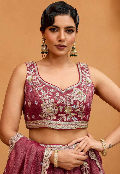 Embroidered Tissue Lehenga in Old Rose