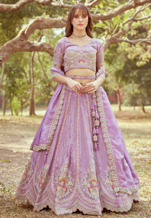 Embroidered Tissue Lehenga in Purple
