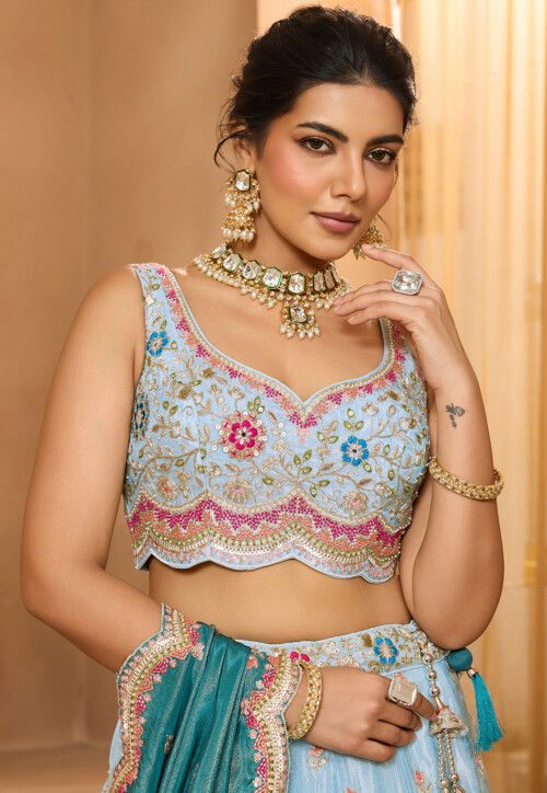 Embroidered Tissue Lehenga in Sky Blue