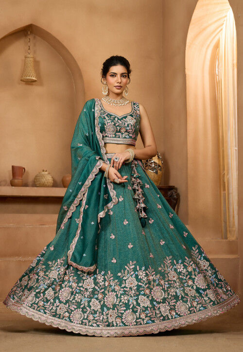 Embroidered Tissue Lehenga in Teal Green