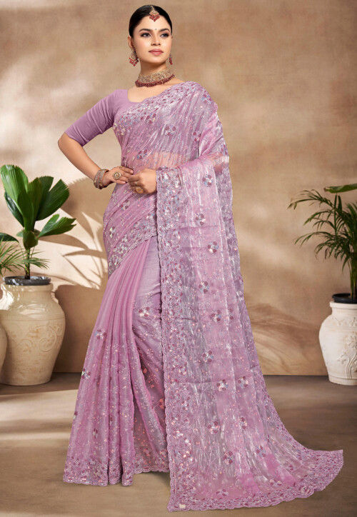 Embroidered Tissue Organza Scalloped Saree in Purple