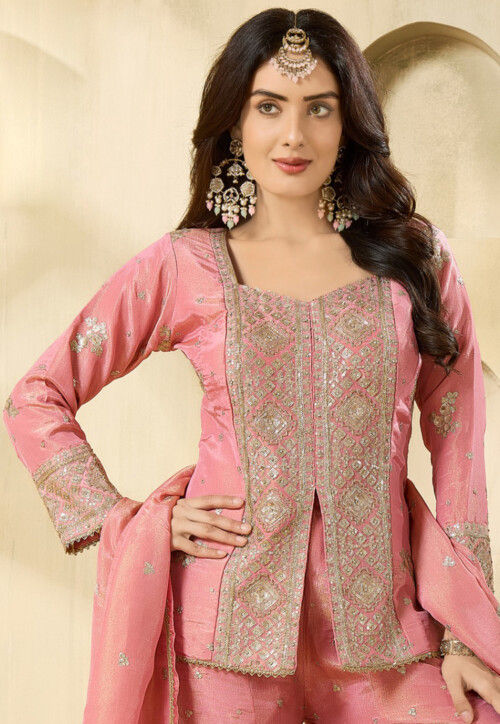 Embroidered Tissue Pakistani Suit in Pink