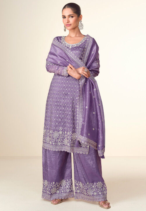 Embroidered Tissue Pakistani Suit in Purple