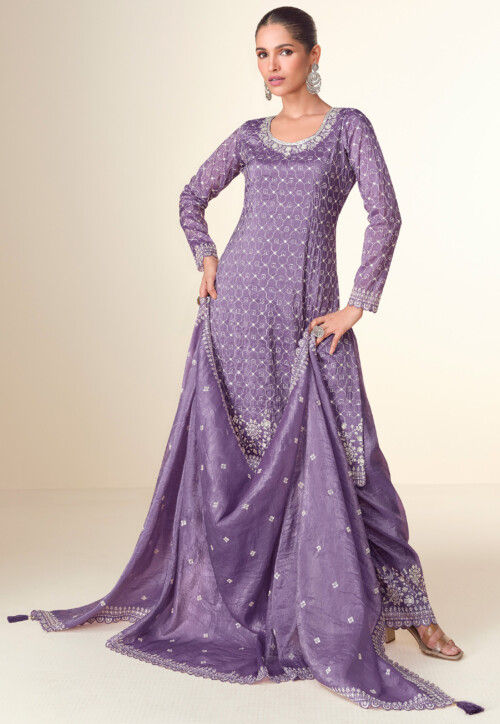 Embroidered Tissue Pakistani Suit in Purple
