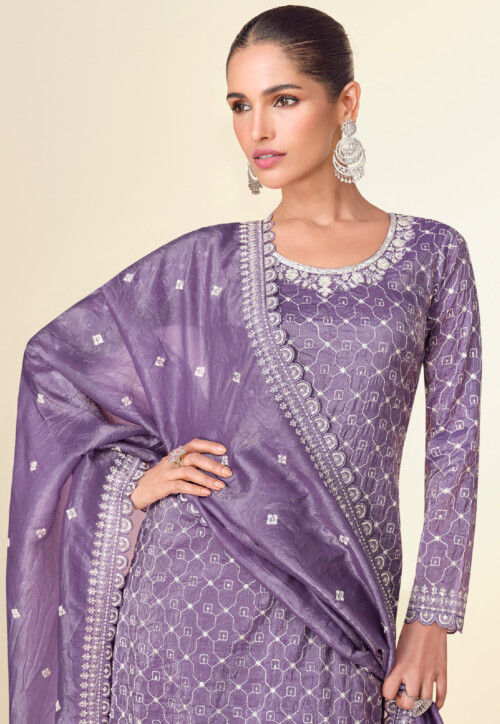 Embroidered Tissue Pakistani Suit in Purple