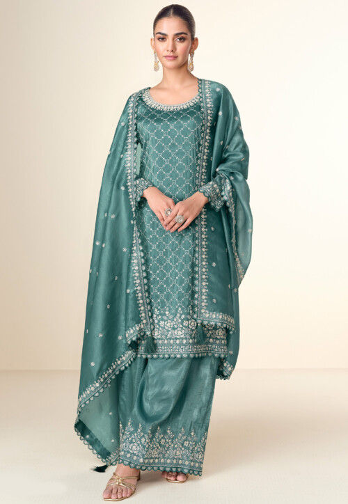 Embroidered Tissue Pakistani Suit in Teal Green