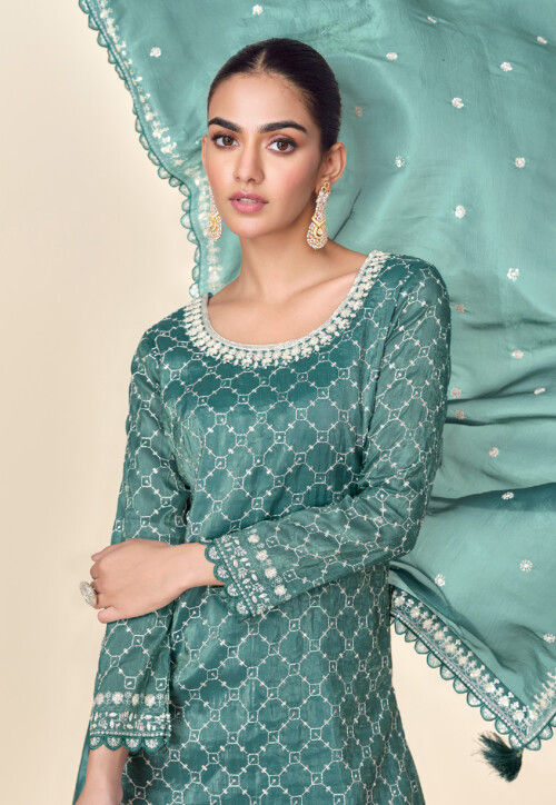 Embroidered Tissue Pakistani Suit in Teal Green