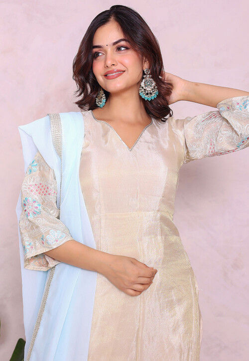 Embroidered Tissue Punjabi Suit in Light Beige