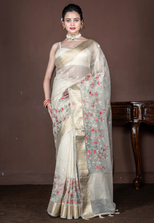 Embroidered Tissue Saree in Off White
