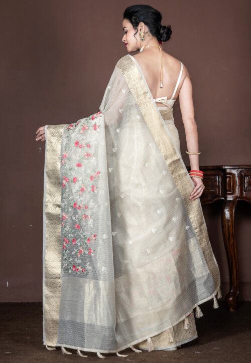 Embroidered Tissue Saree in Off White