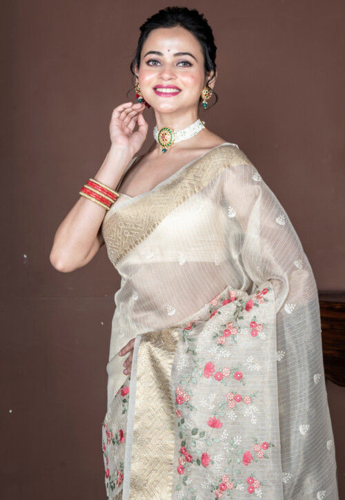 Embroidered Tissue Saree in Off White