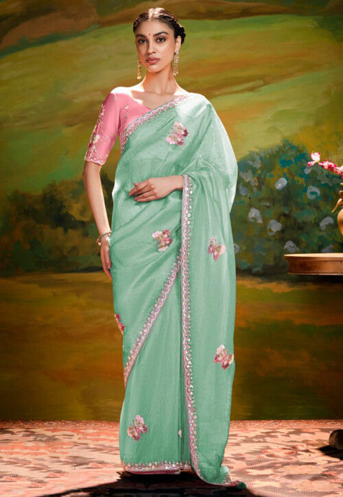 Embroidered Tissue Saree in Sea Green