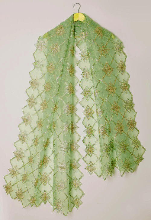Embroidered Tissue Scalloped Dupatta in Pastel Green