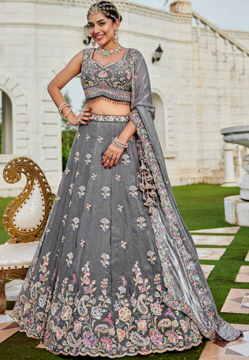 Embroidered Tissue Scalloped Lehenga in Grey
