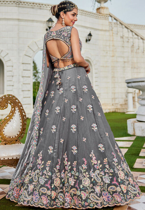 Embroidered Tissue Scalloped Lehenga in Grey