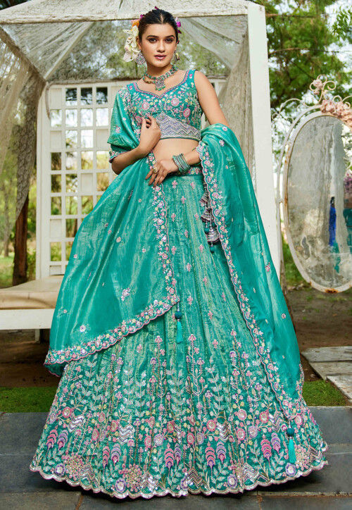 Embroidered Tissue Scalloped Lehenga in Sea Green