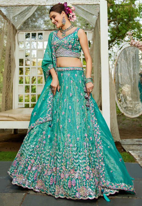 Embroidered Tissue Scalloped Lehenga in Sea Green