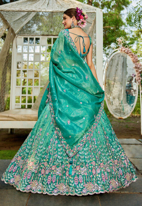 Embroidered Tissue Scalloped Lehenga in Sea Green