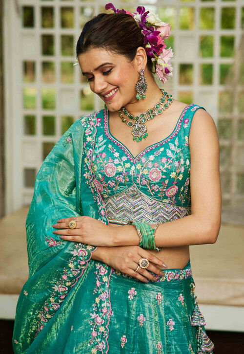 Embroidered Tissue Scalloped Lehenga in Sea Green