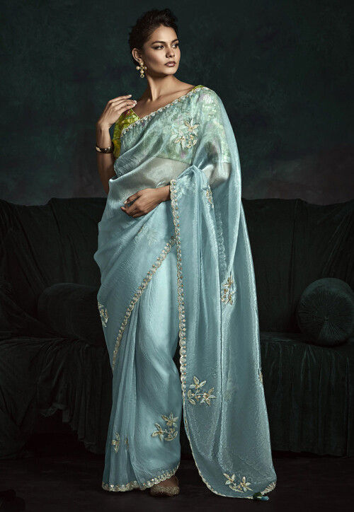Embroidered Tissue Scalloped Saree in Light Blue